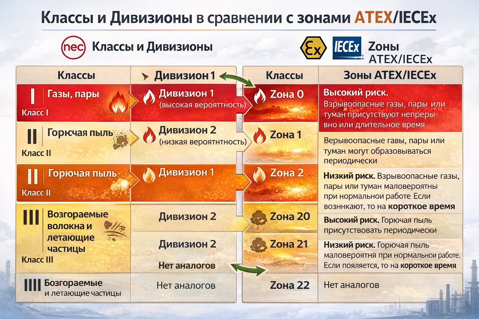 Классы и Дивизионы в сравнении с зонами ATEX/IECEx