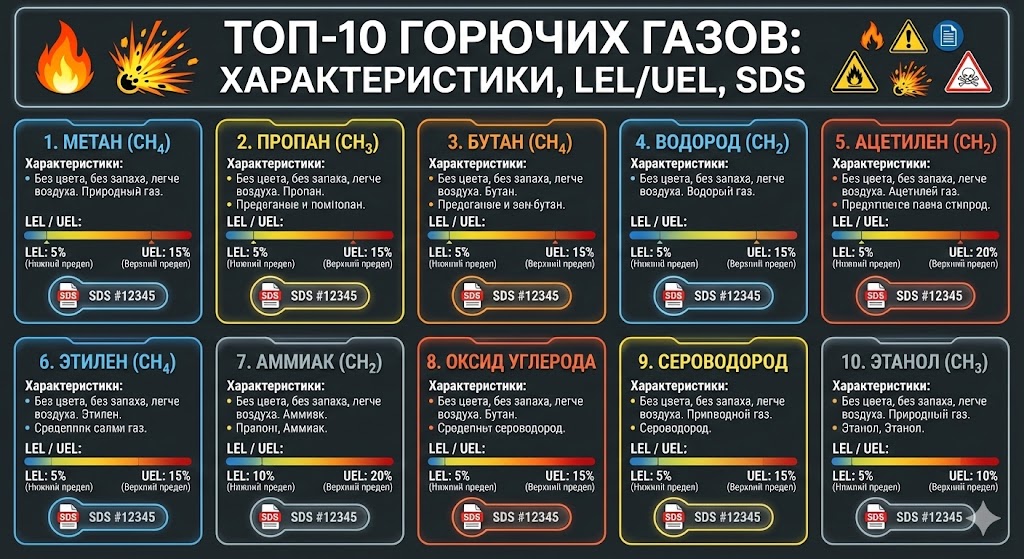 Топ-10 горючих газов — характеристики, LEL/UEL, SDS