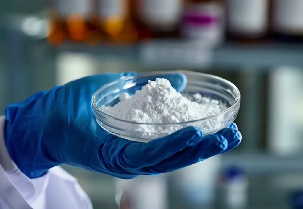 Hand in glove holding a flammable powder sample